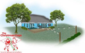 patio string lights hung using an x pattern with the strands crossing in an example backyard patio