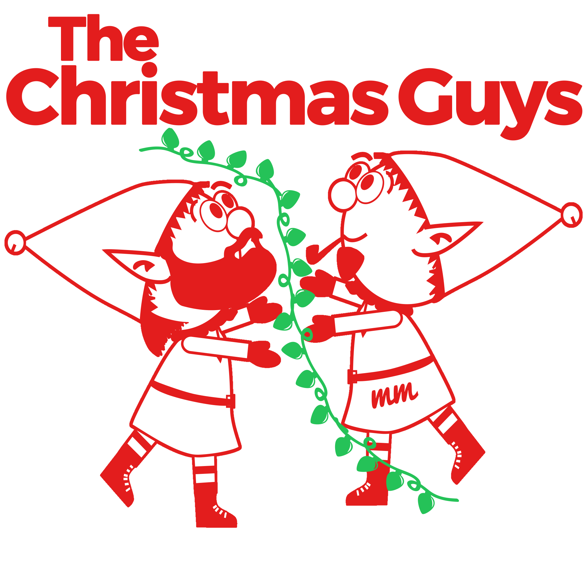 logo for the christmas guys with two elves hanging lights and the words the christmas guys on top